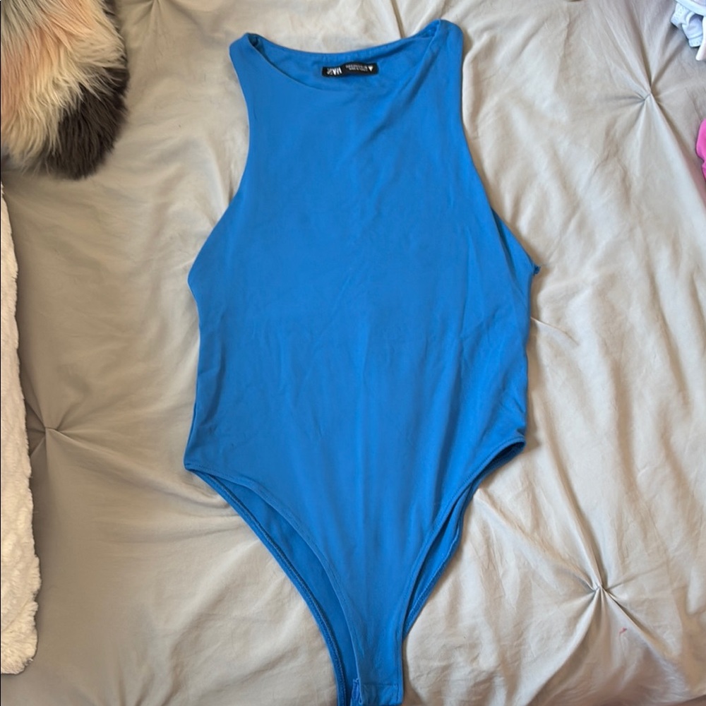 Zara Blue Bodysuit Top with Racerback Design